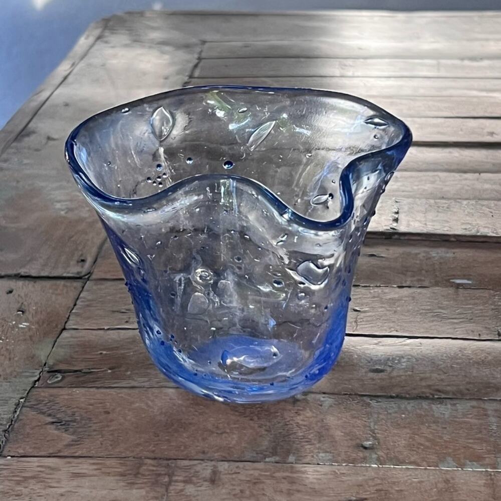 Art Glass Vase Clear Blue Ruffle Bubbled Handkerchief 3.7"